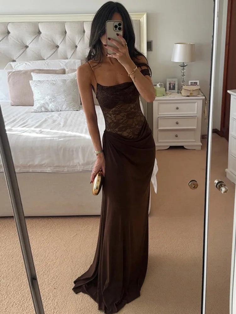 Maxi - Vestido con Encaje Transparente Un Hombro