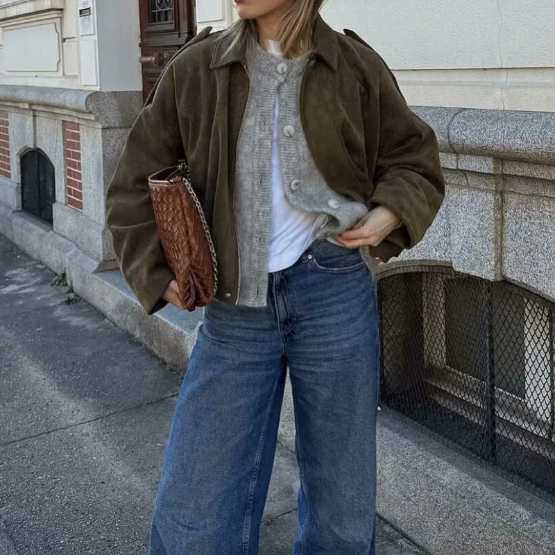 Africa - Chaqueta Suede Retro con Cremallera Estilo Street Fashion Mujer