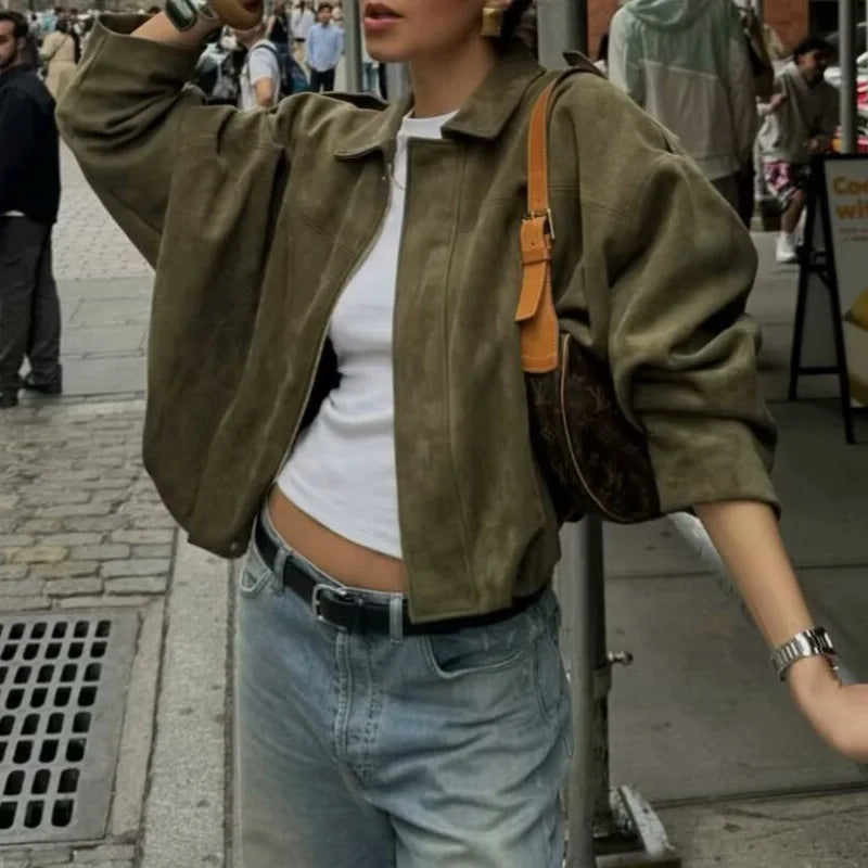 Africa - Chaqueta Suede Retro con Cremallera Estilo Street Fashion Mujer