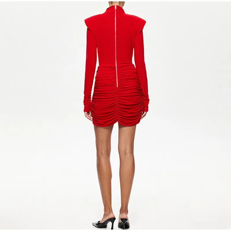María - Vestido Mini Plisado con Hombreras Cuello Medio y Manga Larga
