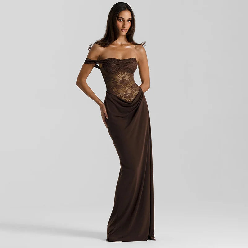 Maxi - Vestido con Encaje Transparente Un Hombro
