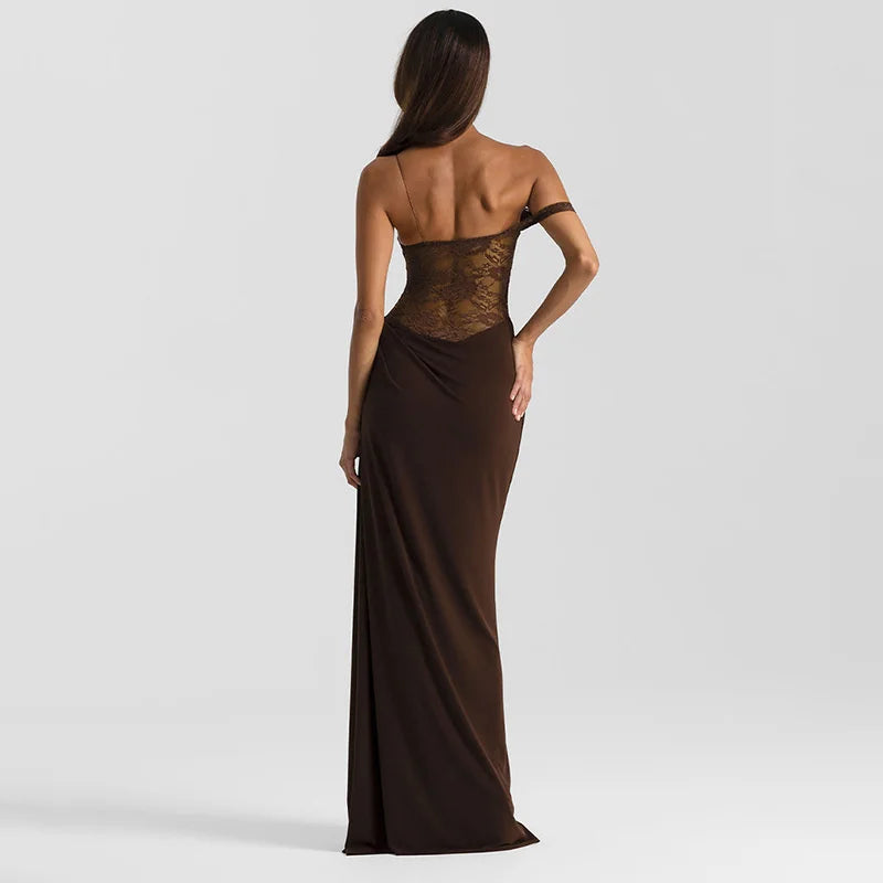 Maxi - Vestido con Encaje Transparente Un Hombro