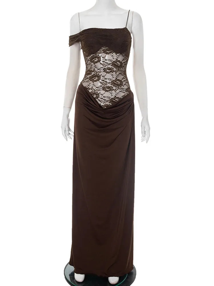 Maxi - Vestido con Encaje Transparente Un Hombro