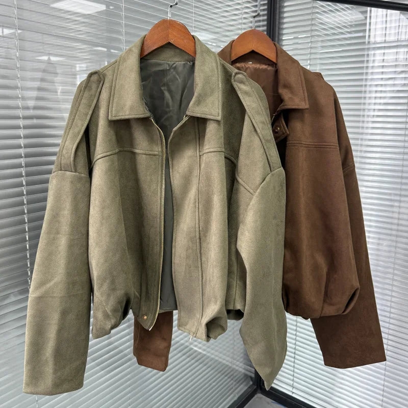 Africa - Chaqueta Suede Retro con Cremallera Estilo Street Fashion Mujer