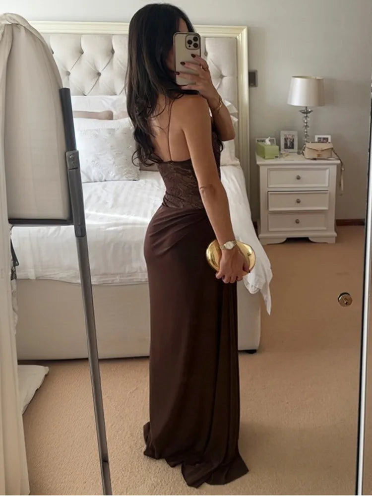 Maxi - Vestido con Encaje Transparente Un Hombro