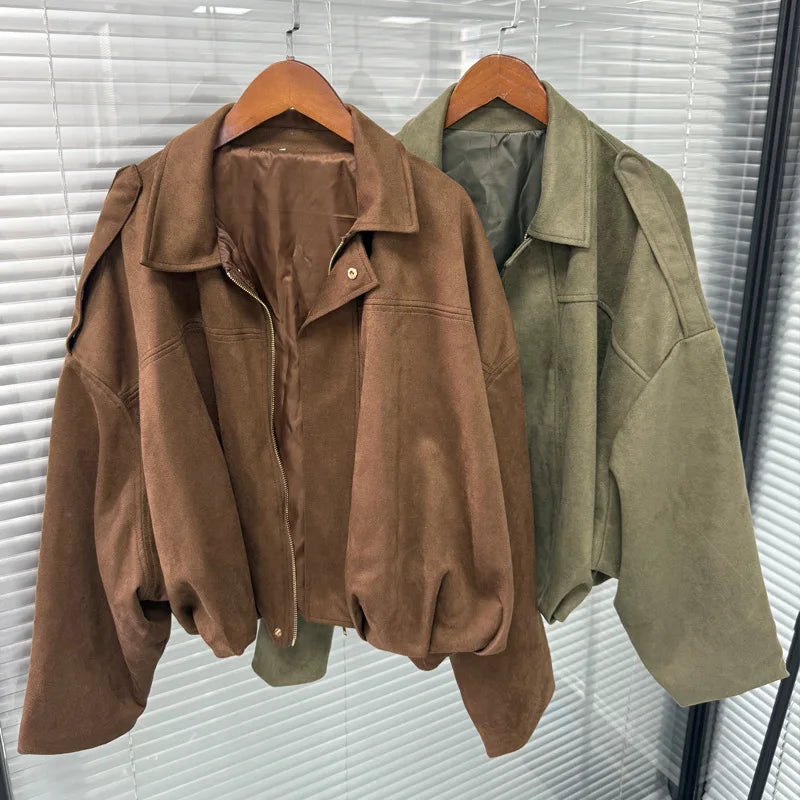 Africa - Chaqueta Suede Retro con Cremallera Estilo Street Fashion Mujer