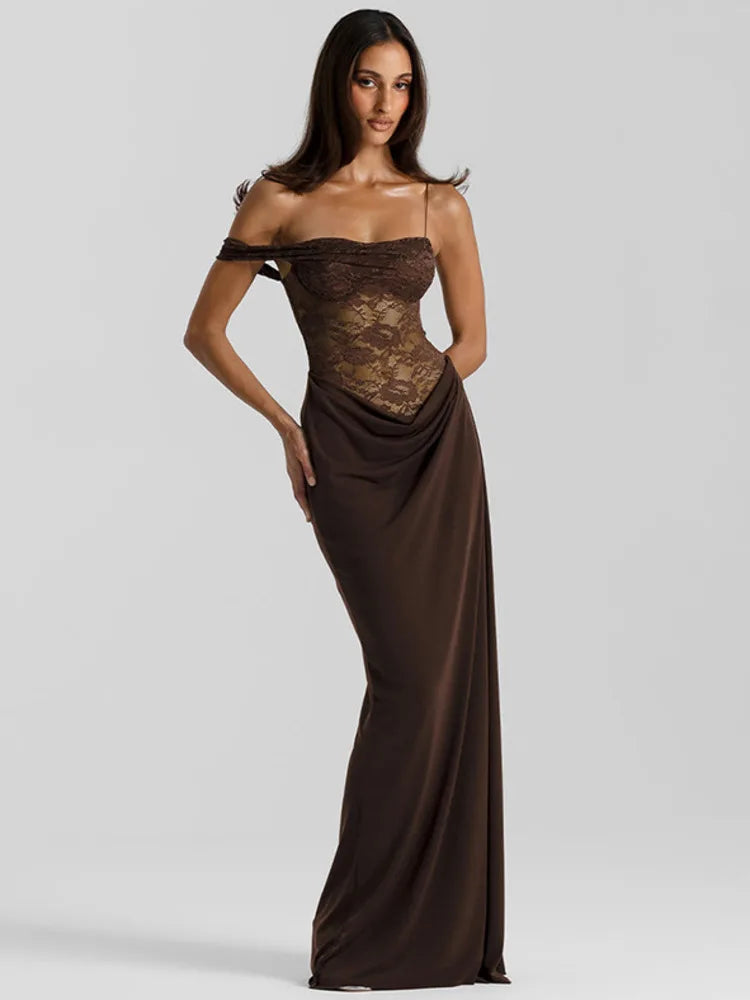 Maxi - Vestido con Encaje Transparente Un Hombro