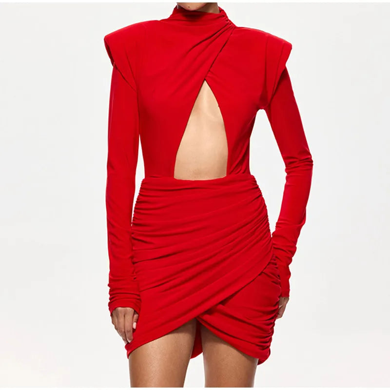María - Vestido Mini Plisado con Hombreras Cuello Medio y Manga Larga