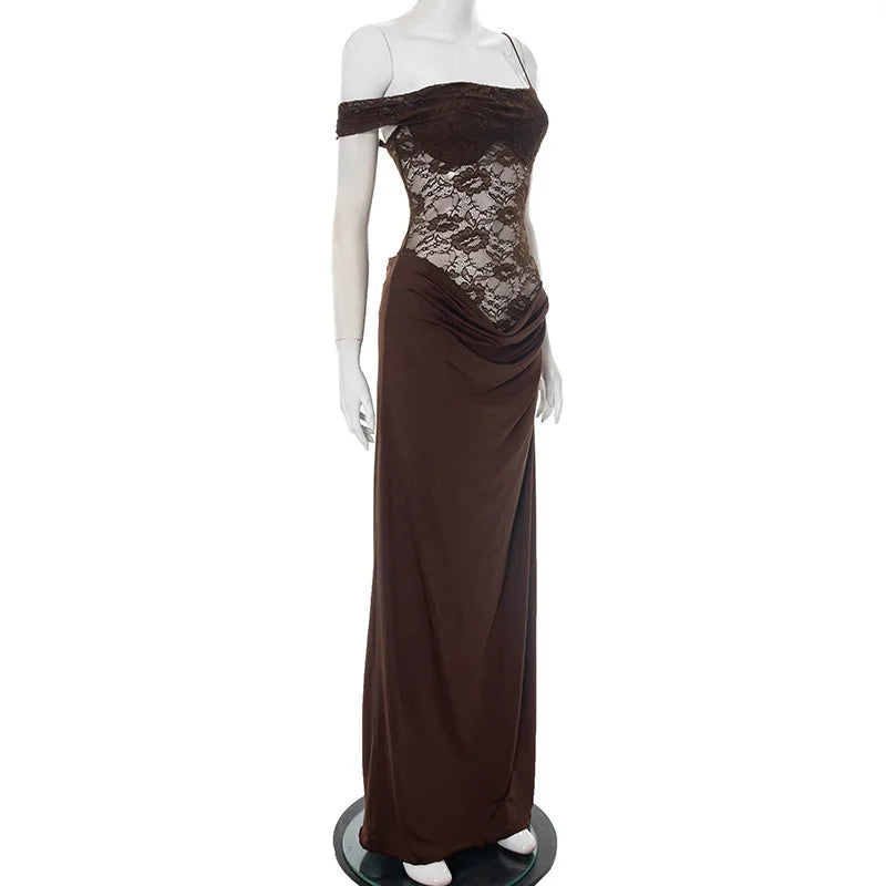 Maxi - Vestido con Encaje Transparente Un Hombro