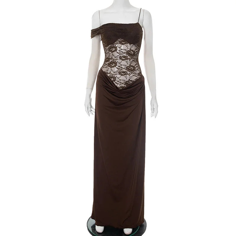 Maxi - Vestido con Encaje Transparente Un Hombro