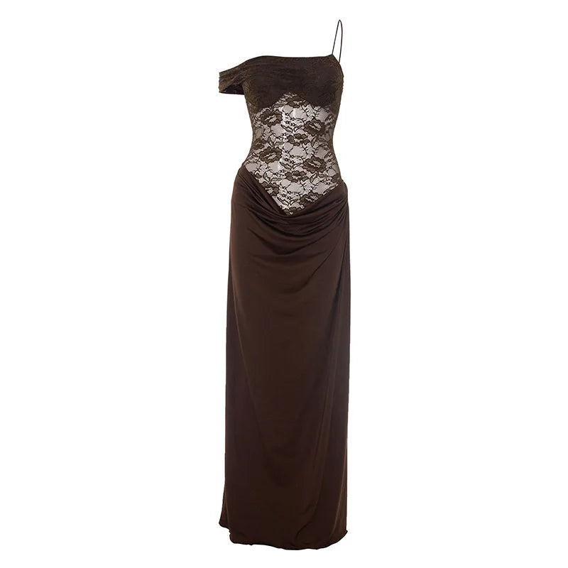 Maxi - Vestido con Encaje Transparente Un Hombro