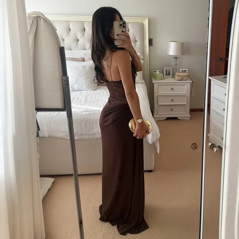 Maxi - Vestido con Encaje Transparente Un Hombro