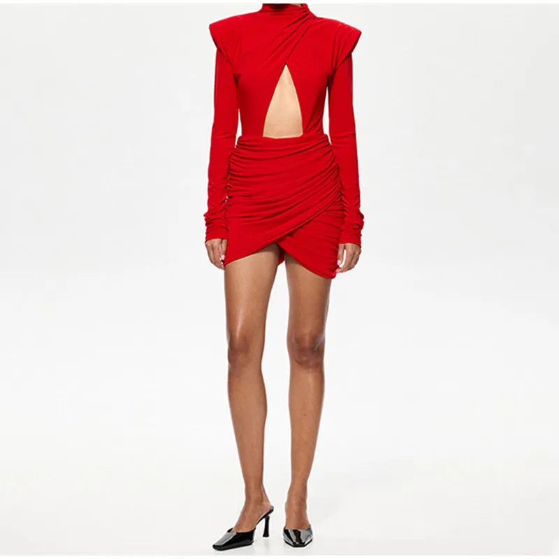 María - Vestido Mini Plisado con Hombreras Cuello Medio y Manga Larga