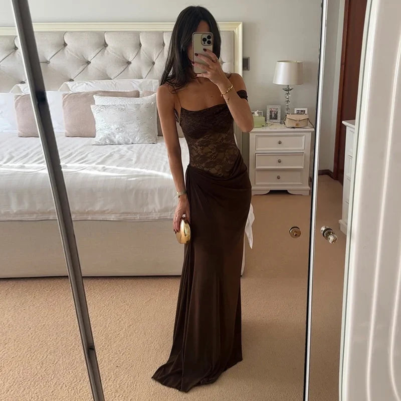 Maxi - Vestido con Encaje Transparente Un Hombro