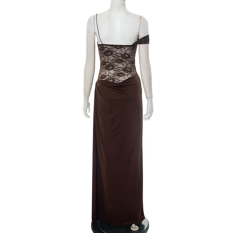 Maxi - Vestido con Encaje Transparente Un Hombro