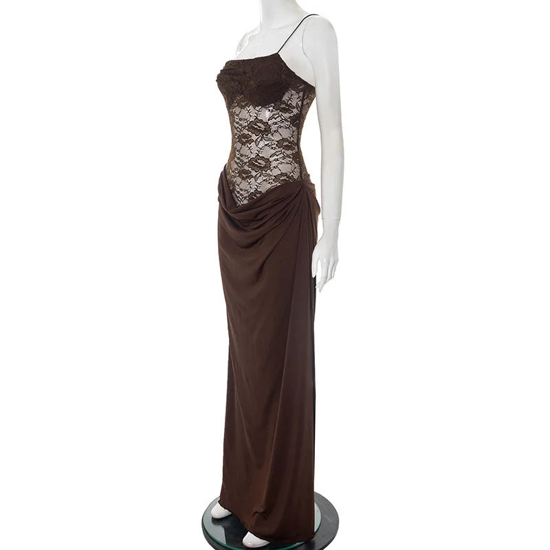 Maxi - Vestido con Encaje Transparente Un Hombro