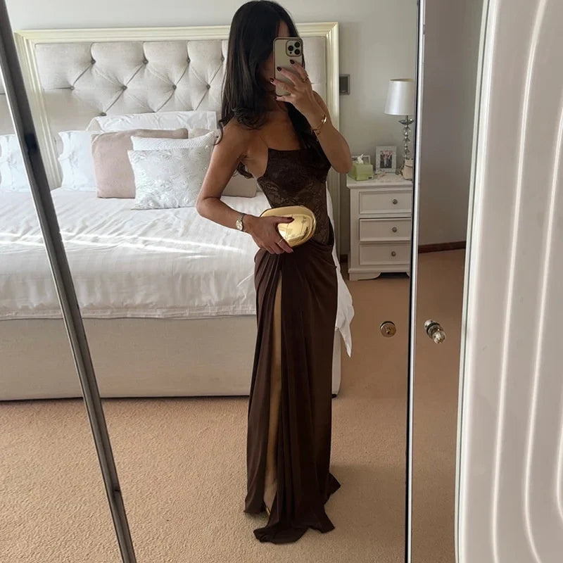 Maxi - Vestido con Encaje Transparente Un Hombro