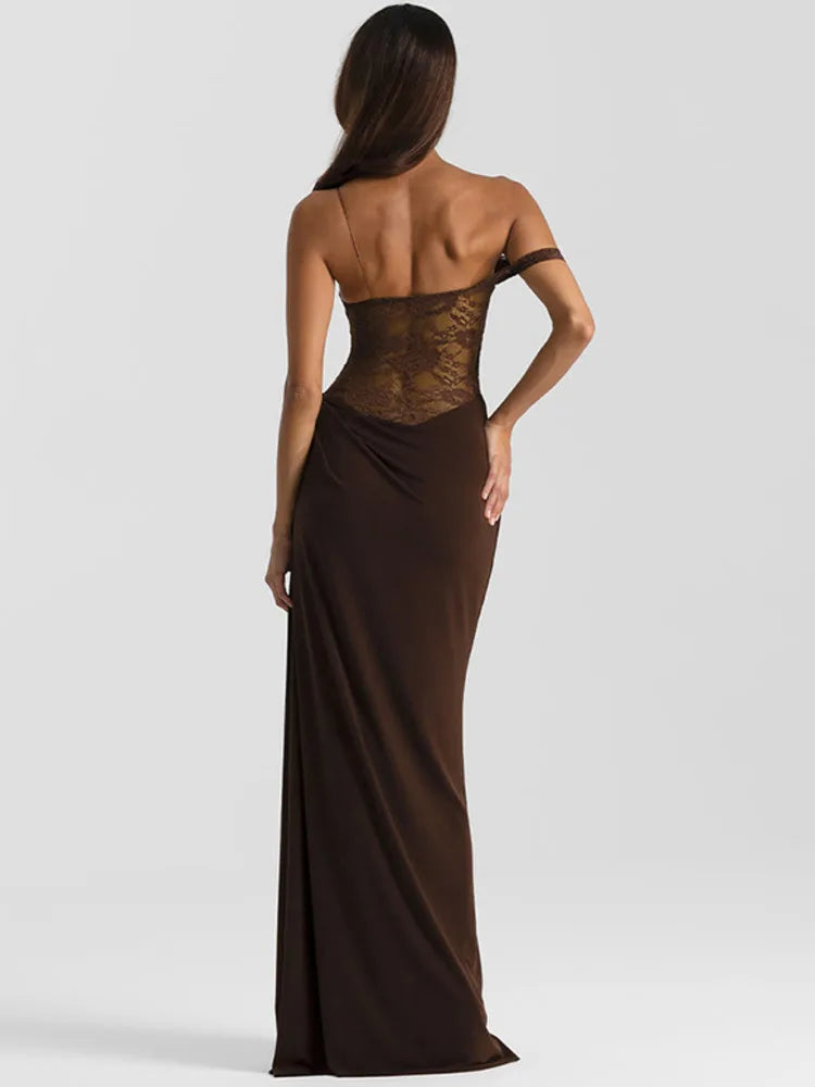 Maxi - Vestido con Encaje Transparente Un Hombro