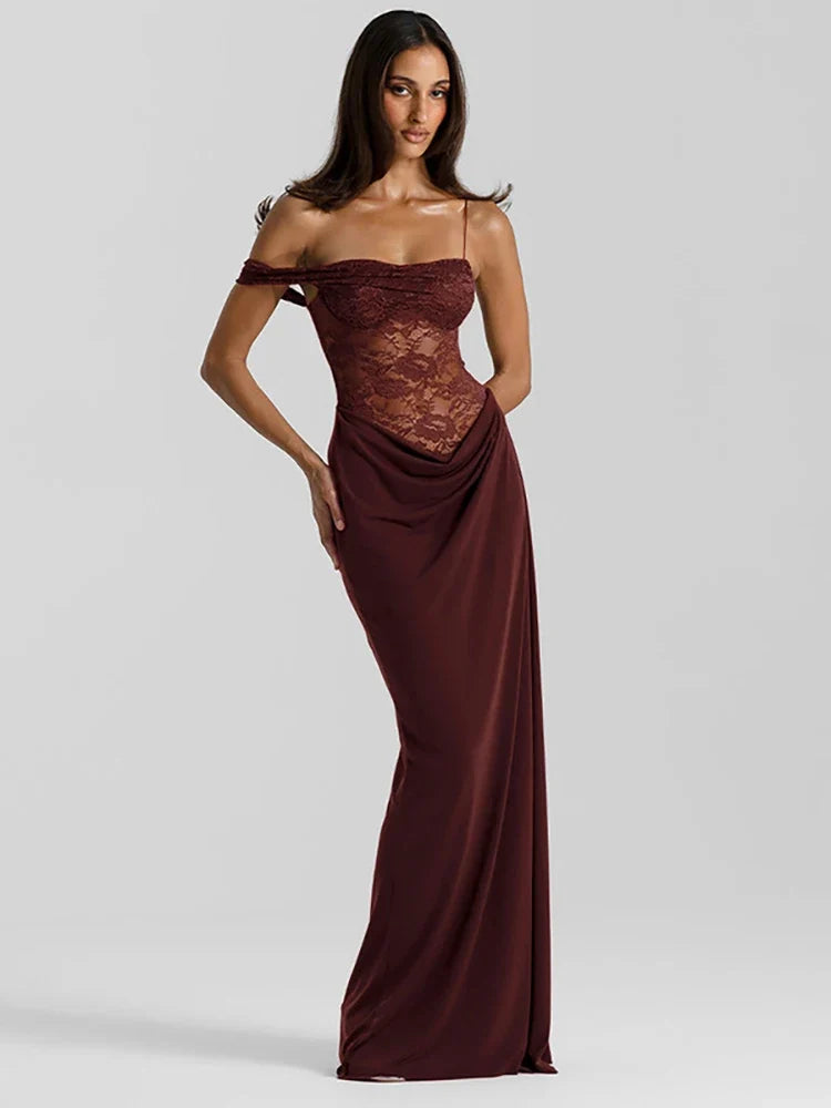 Maxi - Vestido con Encaje Transparente Un Hombro